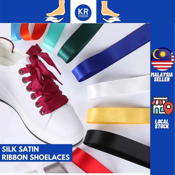 Rusoji 4-Pair 140cm Satin Shoelaces Flat Ribbon Laces for Fashion Sneakers Dark Blue, Khaki, White, Silver 2cm Width DIY Decoration 
