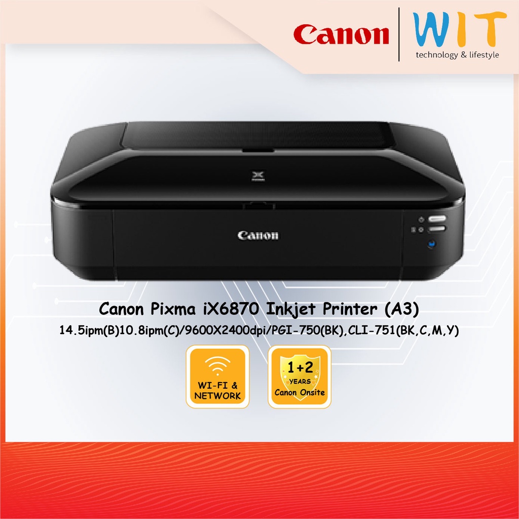 Canon Pixma iX6870 Inkjet Printer(A3)/14.5ipm(B)10.8ipm(C)/9600X2400dpi/PGI-750(BK),CLI-751(BK,C,M,Y)/Network/Wifi