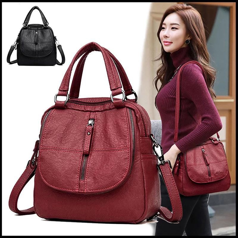 Multifunctional Black Red Women Backpacks Fashion Shoulder Crossbody Bags for Girl Bookbags Solid Small Schoolbags Travel Bag