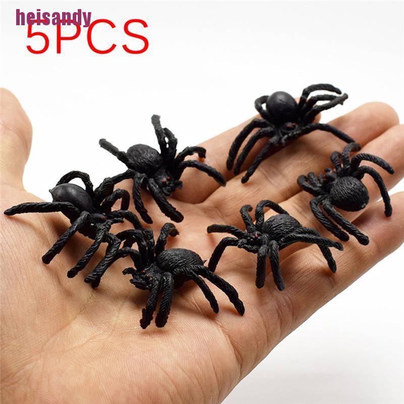 [hei] 5PcsFlexible Plastic Simulation Spiders Black Joke Prank Toy Halloween Gifts MY581