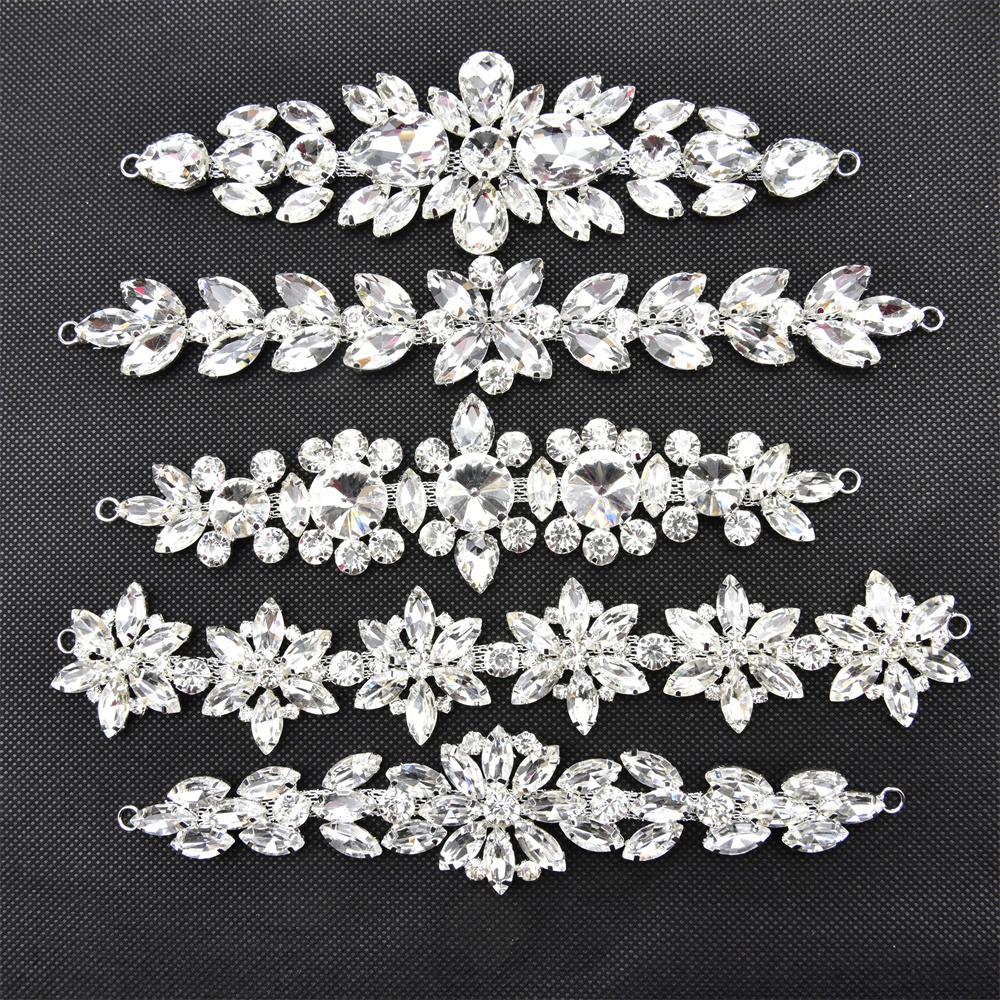 Glass Clear Crystal Rhinestone Flower Bridal Applique Strass In Silver Setting Bease Wedding Dress Belt Diy Shoes Buckle