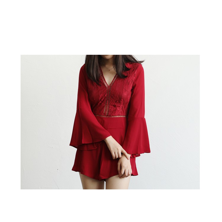 S233M - Elsa Bell Bottom Sleeve Bare Back Deep V Jumpsuit (Premium)