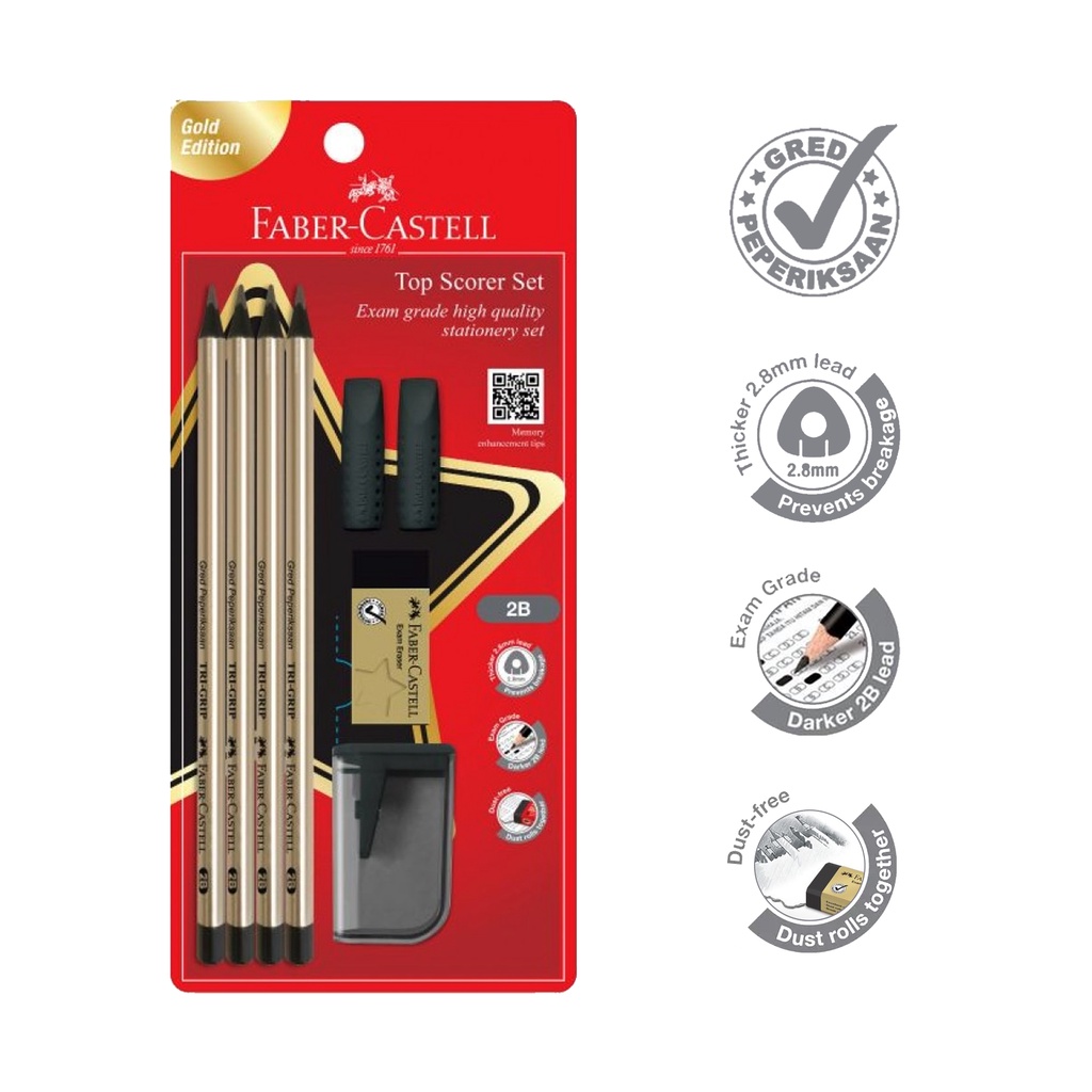 Faber-Castell Gold Edition Top Scorer Set (212143) - 2B Pencil 4pcs | Eraser 1pc | Eraser Cap 2pcs | Sharpener 1pc