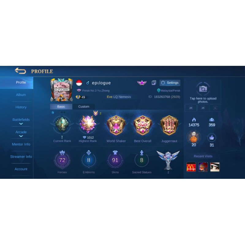 Mobile Legend Account Ex Mythical Glory 1000 Points Shopee Malaysia