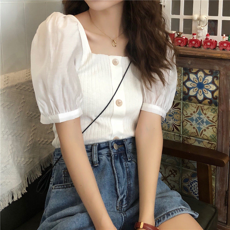 【Ready Stock】 Very fairy top, super fairy summer French chic collarbone scheming design sense niche short section little fairy puff sleeves Korean top