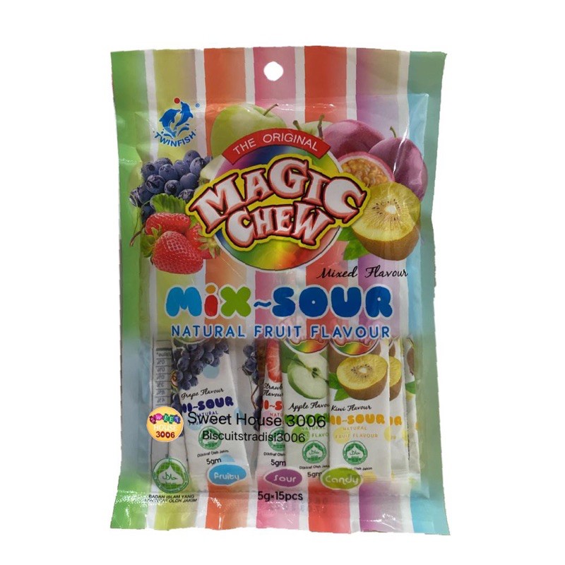 Twinfish 5gm x 15's  Magic Chew Mix Sour Natural Fruit Flavour Candy Childhood Snacks Makanan Ringan Gula gula Chewy