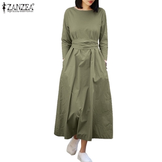 Image of ZANZEA Women Round Neck Belted Solid Color Long Sleeve Long Dress