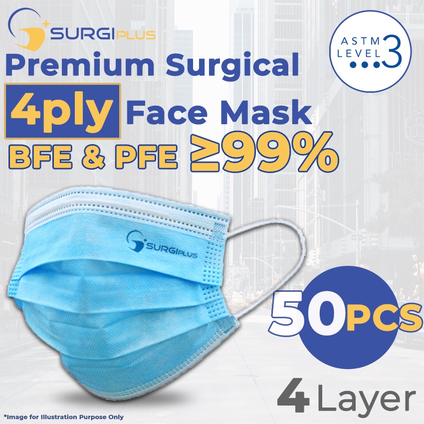 shopee: SurgiPlus Premium Surgical Face Mask 3 & 4 Ply ASTM Lvl 2-3/EN Type II-R PFE BFE 99% (0:1:Color:【4ply - Sky Blue】;:)