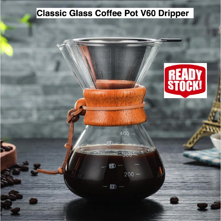 400ml Classic Glass Coffee Pot V60 Dripper with Wooden Handle Pour Over Coffee Maker Coffee Drip Kettle Barista Tools