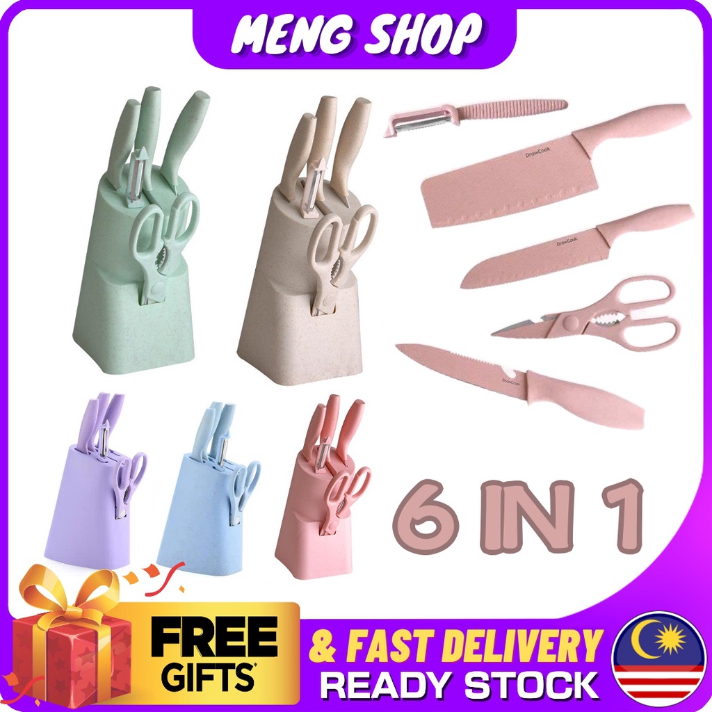 MengShop 6 In 1 Colorful Corrugated HIGH QUALITY Knife Kitchen /Peeler /Scissors Pisau Dapur KITCHEN KNIVES SCISSORS SET