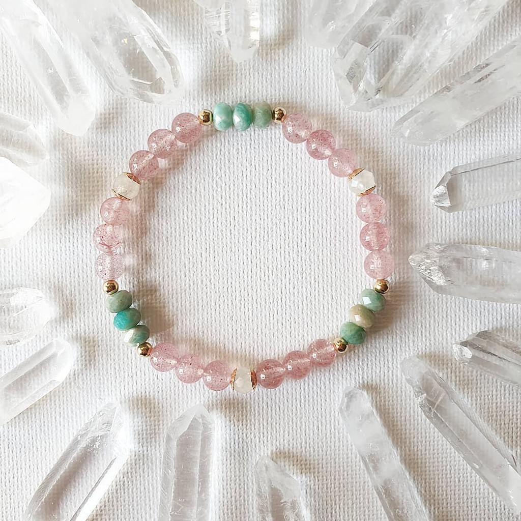 Crystal Gemstone Affirmation Beaded Strawberry Quartz Amazonite Moonstone Gold Filled Suasa Bracelet Shopee Malaysia