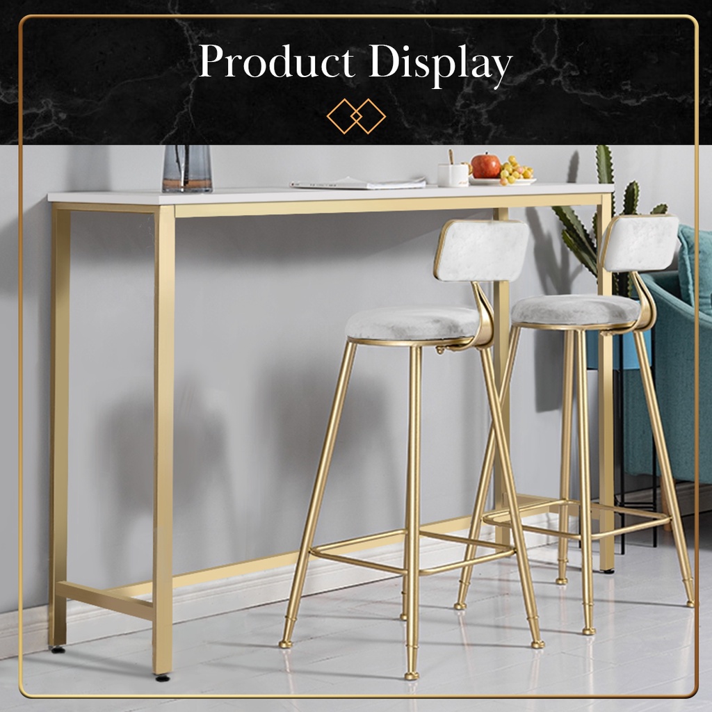 FINSSO: Parsons Marble Texture Wooden Bar Table with Gold Metal Frame + 2 Bar Stools