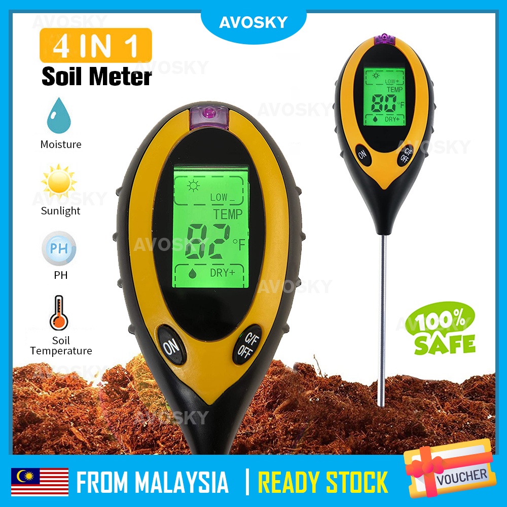 AVOSKY 4 In 1 Soil Survey Analyzer Moisture Tester Tool PH Temperature Sunlight Light LCD Meter for Garden Plant Water