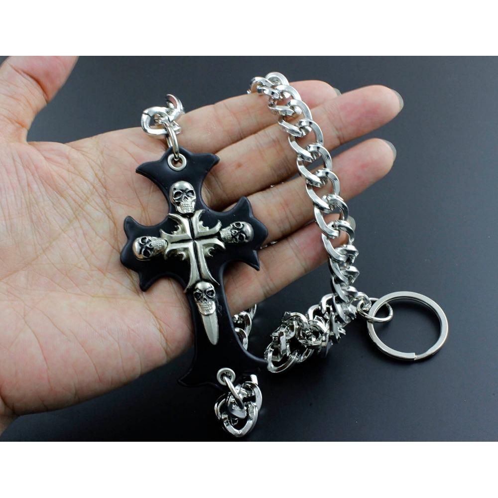 Steampunk Goth Stud Cross Men's Genuine Leather with Jeans Key Chain