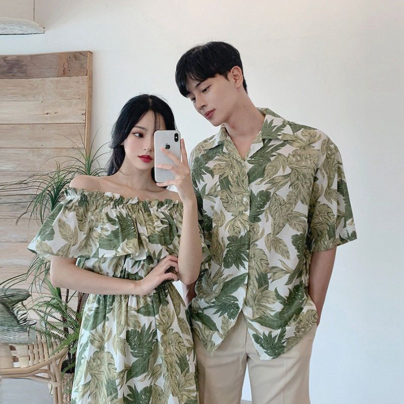 Ready Stock♥️纪念日OOTD Couple Set Wear Beach Dress 高级感不一样衬衫情侣装一衣一裙夏季新款 韩版休闲印花短袖男衬衫女中长款一字肩连衣裙