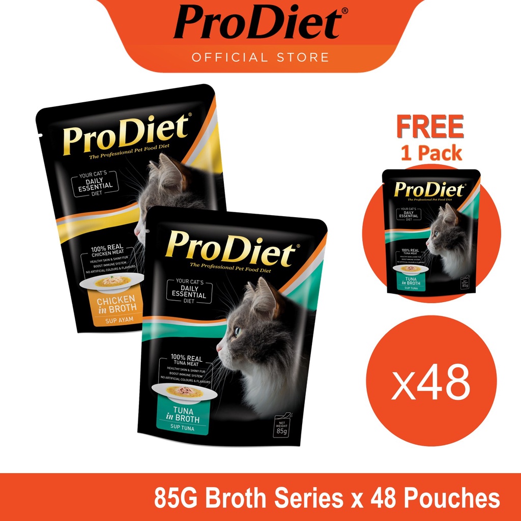 ProDiet Wet Cat Food Broth in Chicken or Tuna (85G X 48 Packs) + Free 1