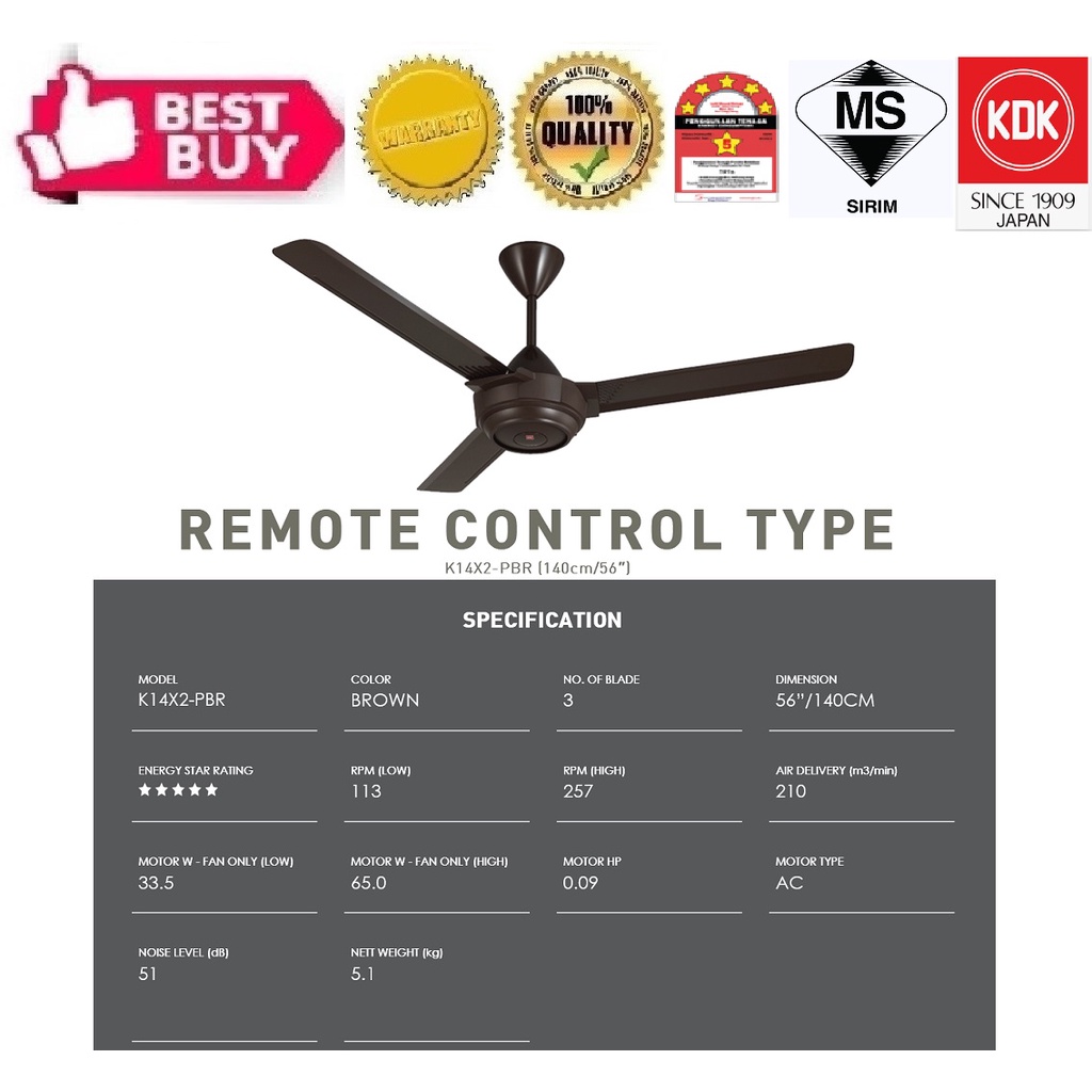 [KDK] Ceiling Fan Remote Control (56 Inch/3 Blade/3 Speed) Brown