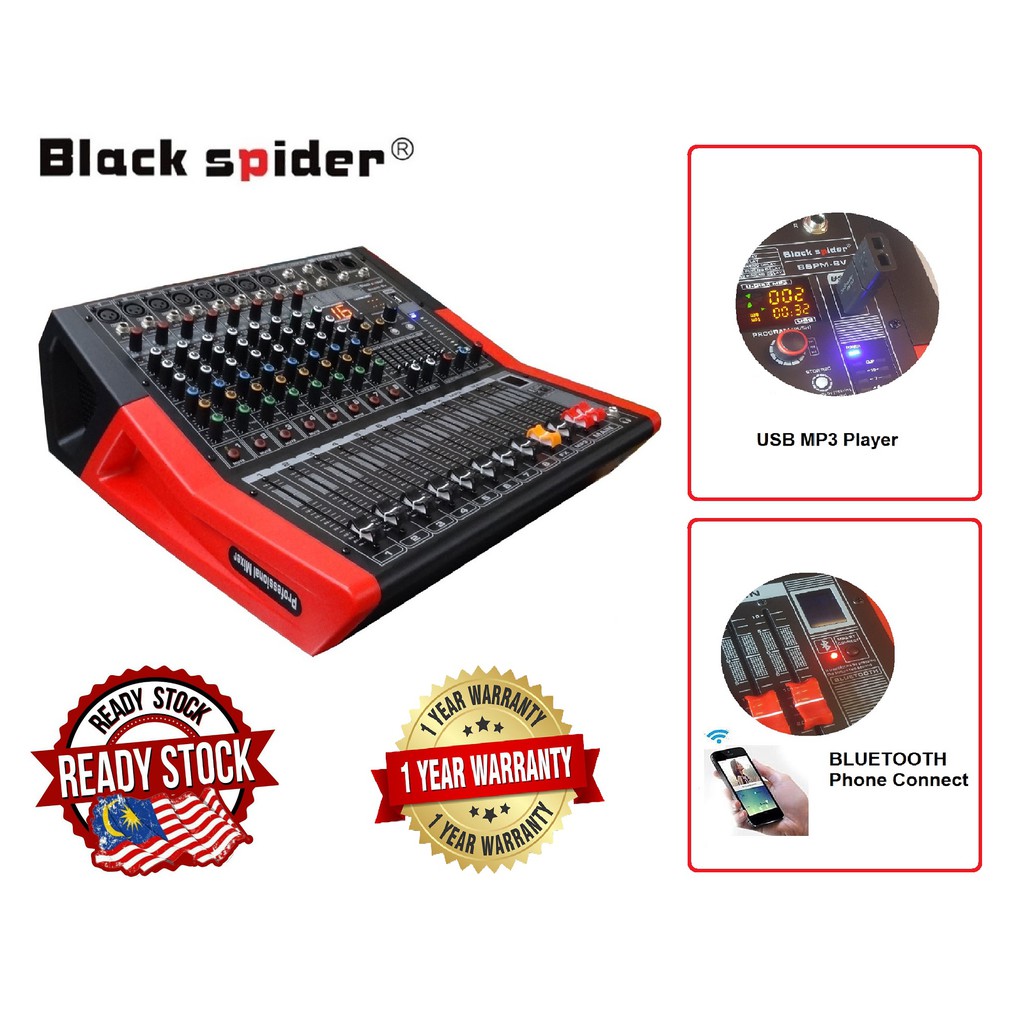 BLACK SPIDER 8 Channel Power Mixer With USB Player & Bluetooth ( 650W x