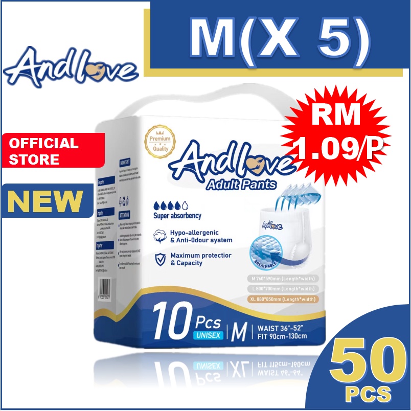 [24 hours delivery] ANDLOVE Adult Diapers M (5Packs/50Pcs） Adult Pull-Up Pants, Leak-Proof