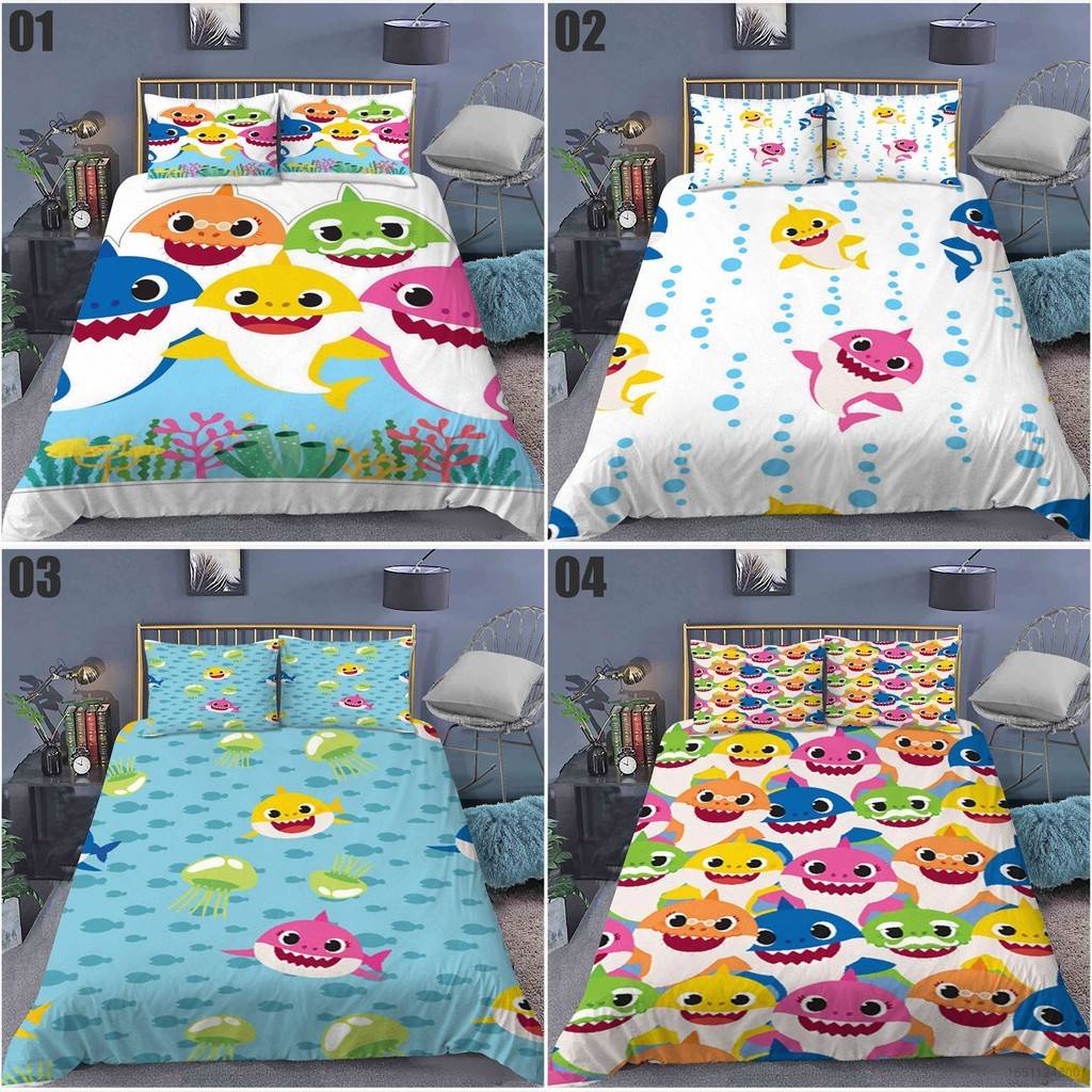 Jason Cartoon Baby Shark 3in1 Bedding Set Bed Sheet Quilt Cover Pillowcase Bedroom Comfortable Washable Home Suit