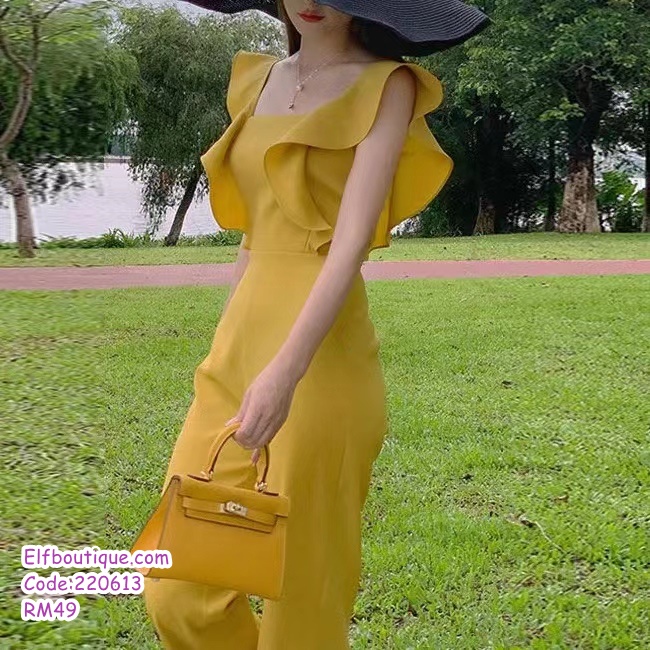 READY STOCK Woman Lotus Leaf Design Sleeve Square Neck Slim Fit High Waist Jumpsuit Yellow 220613