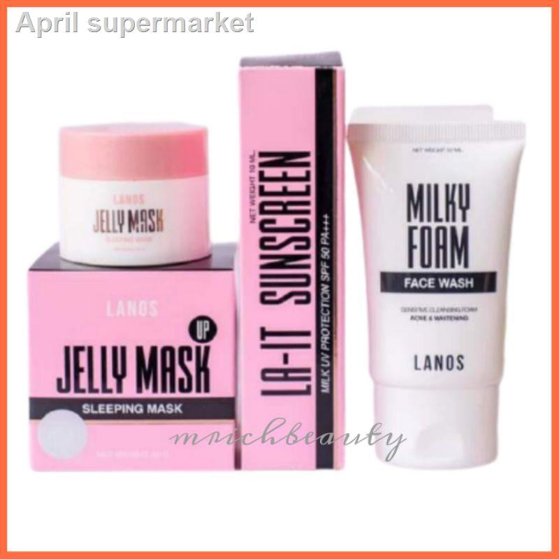 ☁❦SET KOMBO JIMAT Lanos Jelly Mask + La-it Sunscreen + Milky Foam