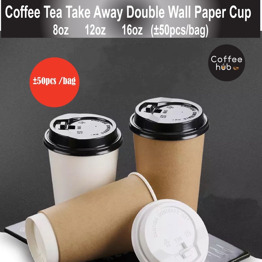 (Ready Stock)Coffee Tea Paper Cup High End Double Wall Heat Insulation Disposable With Lid 8oz 12oz 16oz(±50pcs/bag))