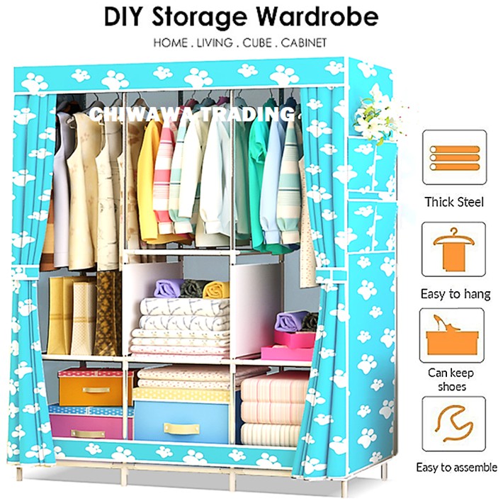DIY Wardrobe Clothes Storage Rack Dust Cover Shoe Cloth Closet Cube Cabinet Organizer Shelf / Rak Baju Almari Kabinet