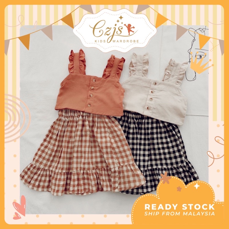 MSIA Stock❤️Korean Baby Girls Set Sleeveless Blouse with Plaid Skirt 1-7Y Girls OOTD| Baju Budak Perempuan Kids Clothing