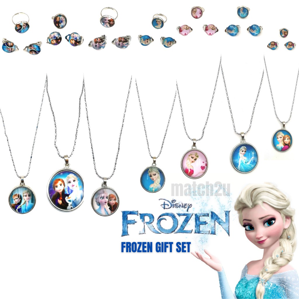 Frozen Rantai Gift Set Elsa Anna Necklace Ring Clip Earring Snow Princess Disney Jewelry 3 in 1 (01-03)