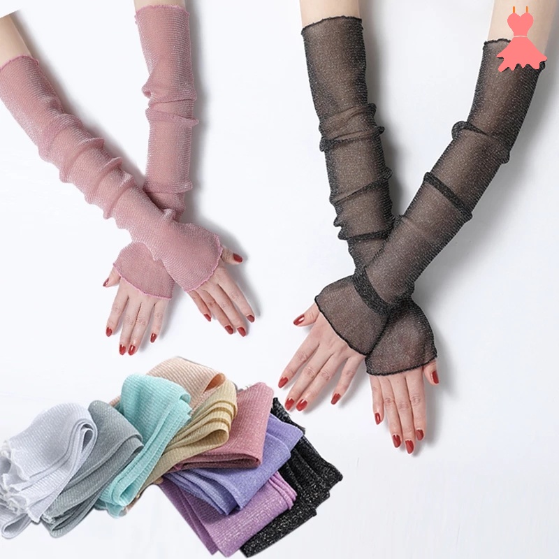 Women Ultra-Thin Glitter Mesh Gloves Long Lace Cuffs / Girls Metallic Shine Driving UV Protection Arm Sleeves