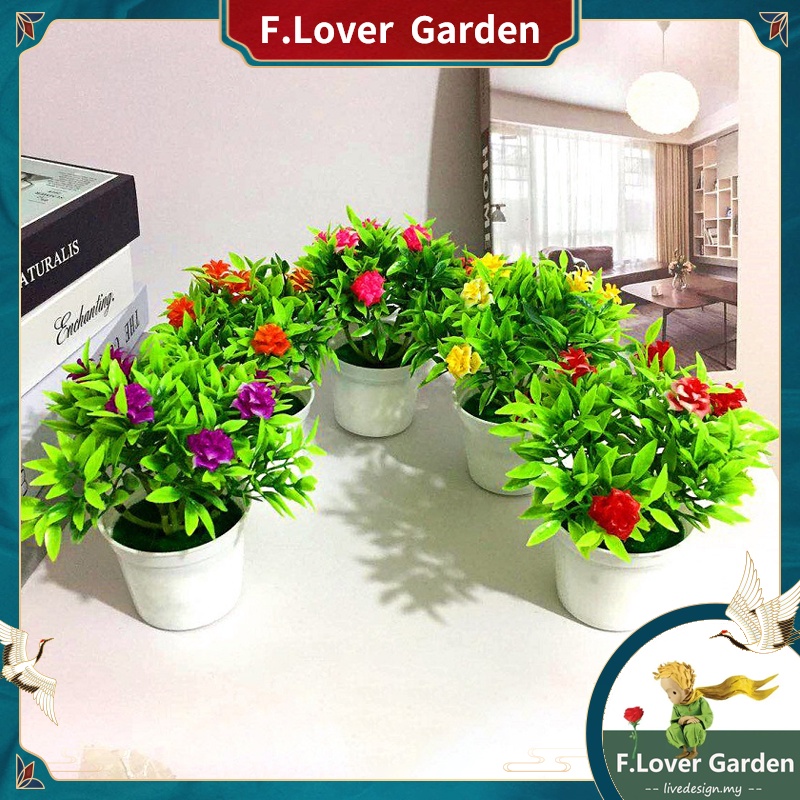 Artificial Mini Rose Bonsai Fake Decorative Flower With Pot Home Garden