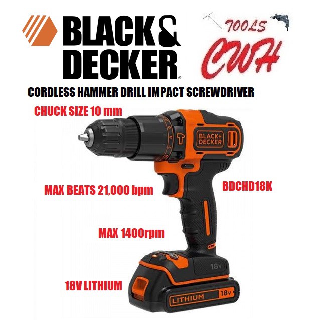 BLACK DECKER BDCHD18K 18V LITHIUM CORDLESS HAMMER DRILL IMPACT SCREWDRIVER BLACK AND DECKER