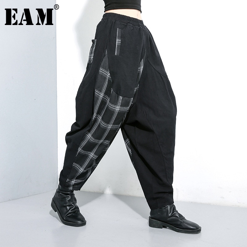 EAM] High Elastic Waist Back Plaid Split Long Harem Trousers New Loose Fit Pants  Women Fashion Tide Spring Autumn 2 | Shopee Malaysia
