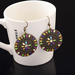 7 Colorful Flower Shape Big Round Carved Drop Ethnic Women Bohemian Hook Earring