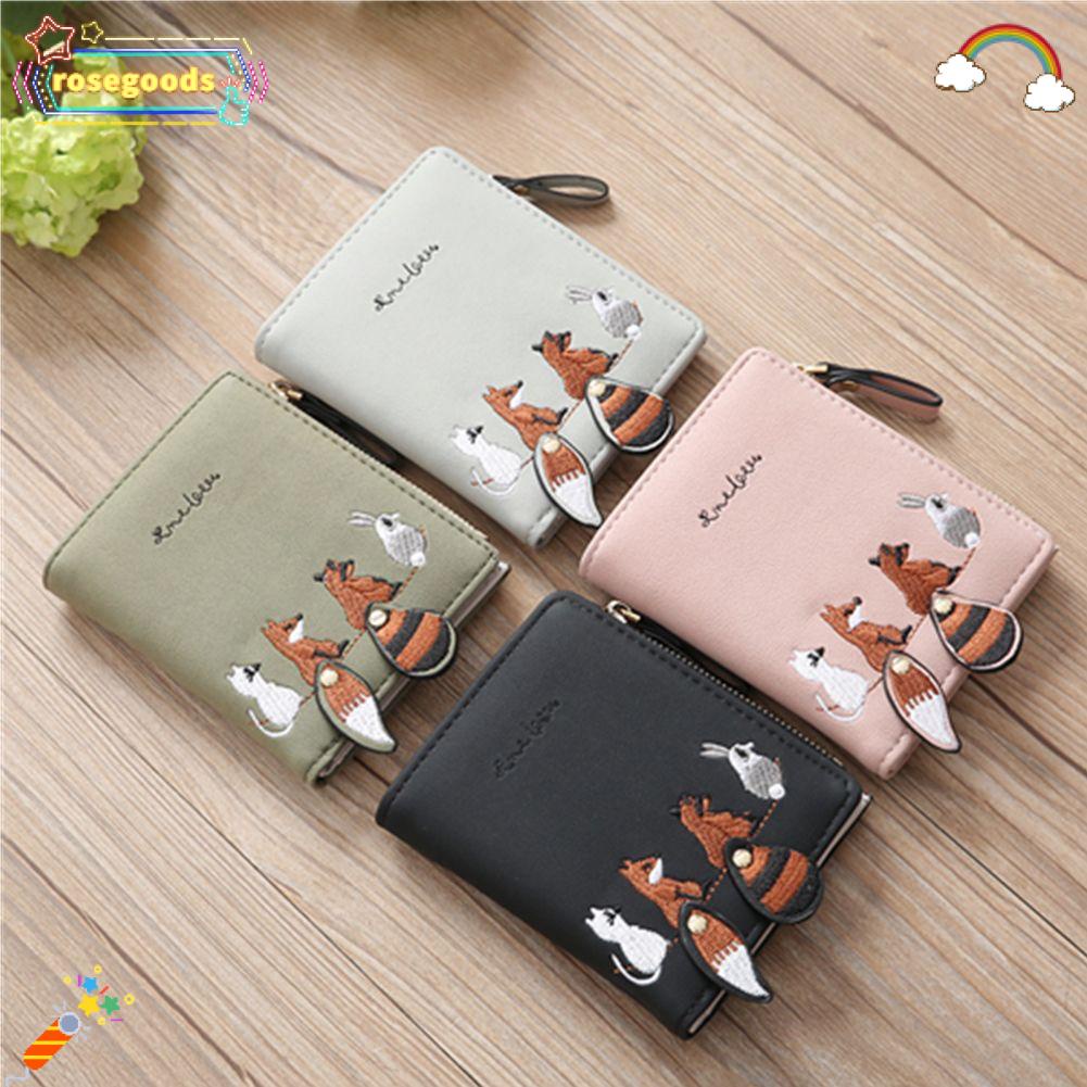 ROSE Cute Short Coin Purse Gift Card Holder Animal Print Short Wallet Girls Student Zipper Bag Fashion Embroidered Animal PU Leather High Quality Mini Clutch/Multicolor