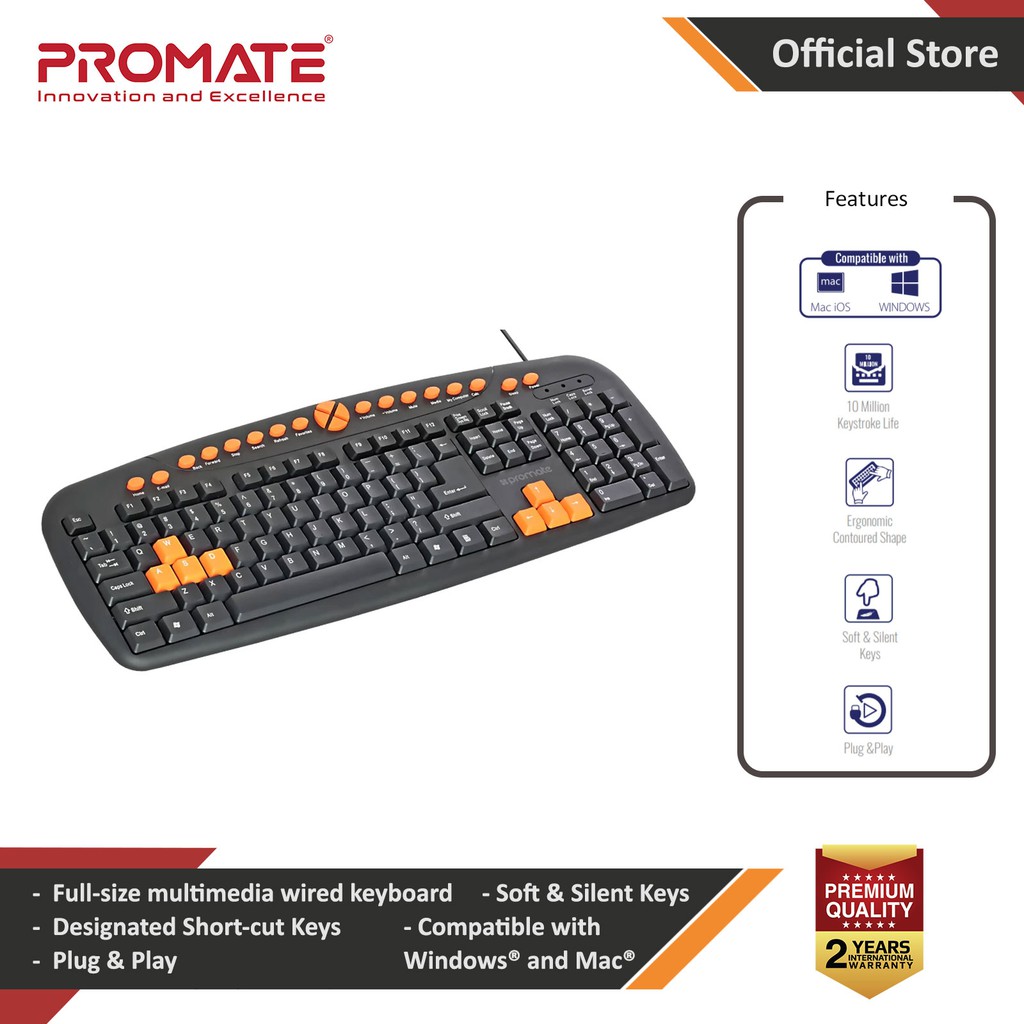 Promate Multimedia Keyboard Ergonomic Multimedia Keys Keyboard with