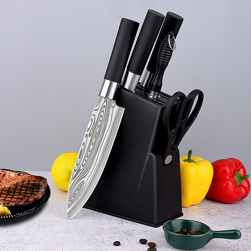 6 in 1 Knife Set Stainless Steel Japanese Damascus Knife with Black Oxidation iron Kitchen Chef Scissors Pisau Dapur