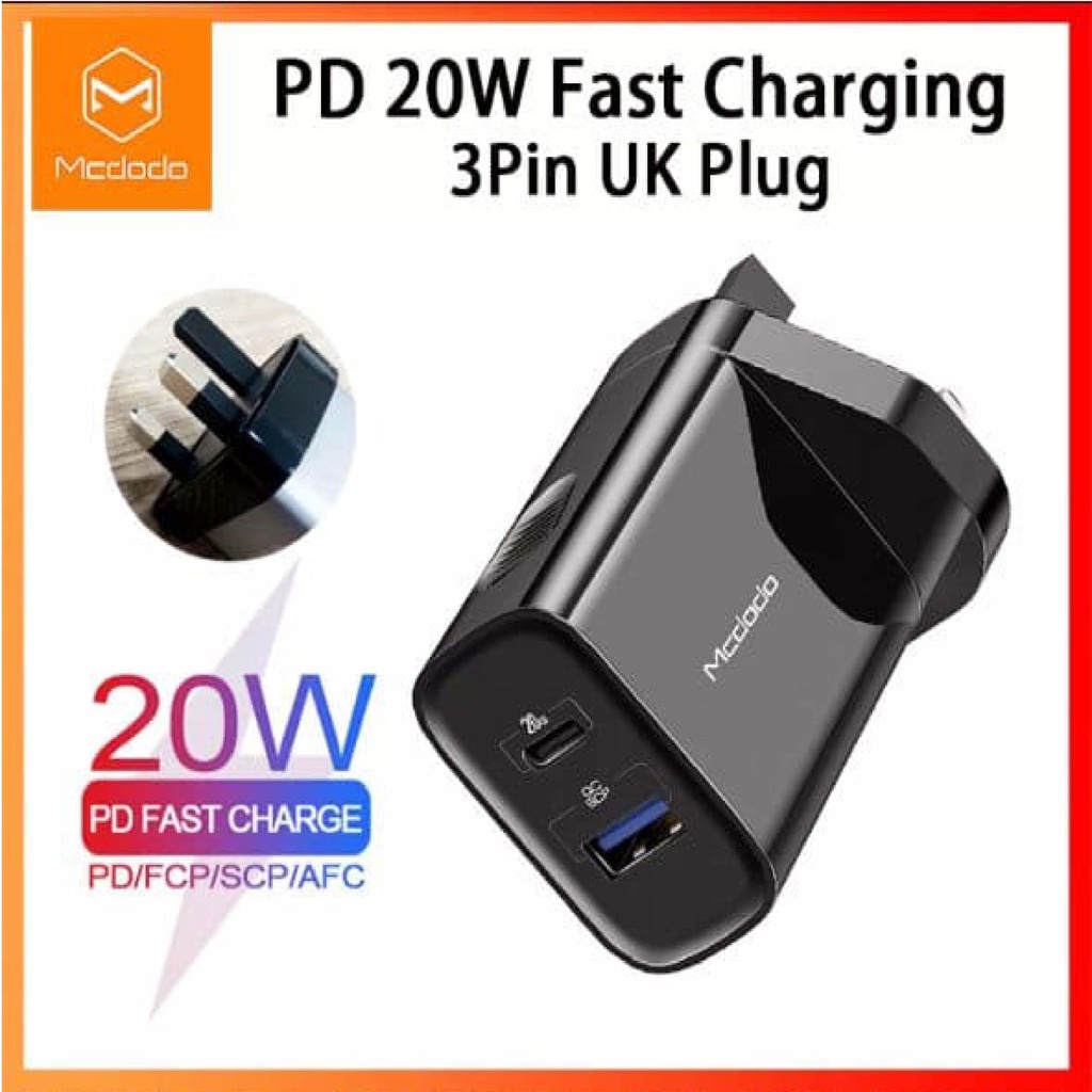 ready stock MCDODO CH-8401 20W PD Fast Charge Charger UK Plug For Android & Iphone
