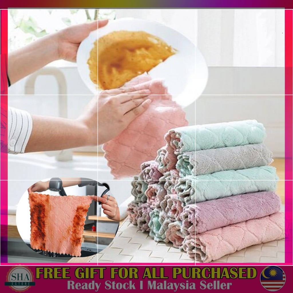 Kitchen Towels Absorb Double Sided Rag Thickened Dishwashing Kain Lap ...