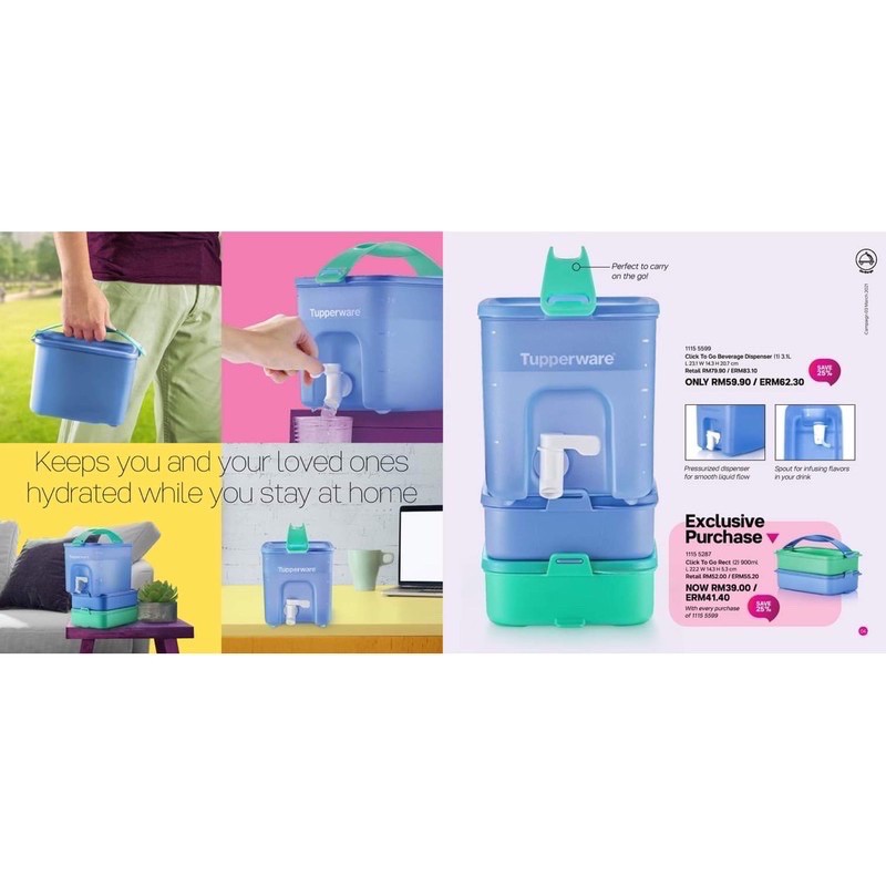 Tupperware Click To Go Beverage Dispenser 3.1L 1pcs /Click To Go 900ml 1set