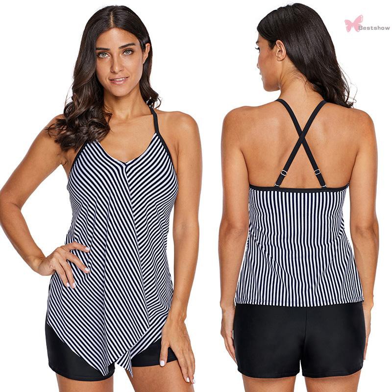 B T Sexy Women Striped Flyaway Drape Tankini Top V Neck Asymmetric