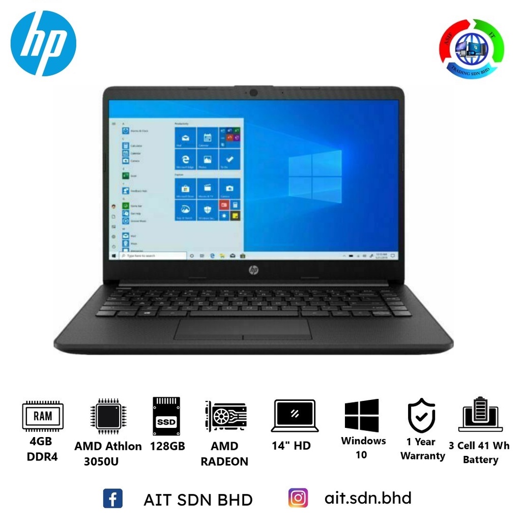 HP Laptop 14fq0013dx AMD Athlon™ Silver 3050U 4GB DDR4 RAM 128GB SSD 14" Display AMD Radeon
