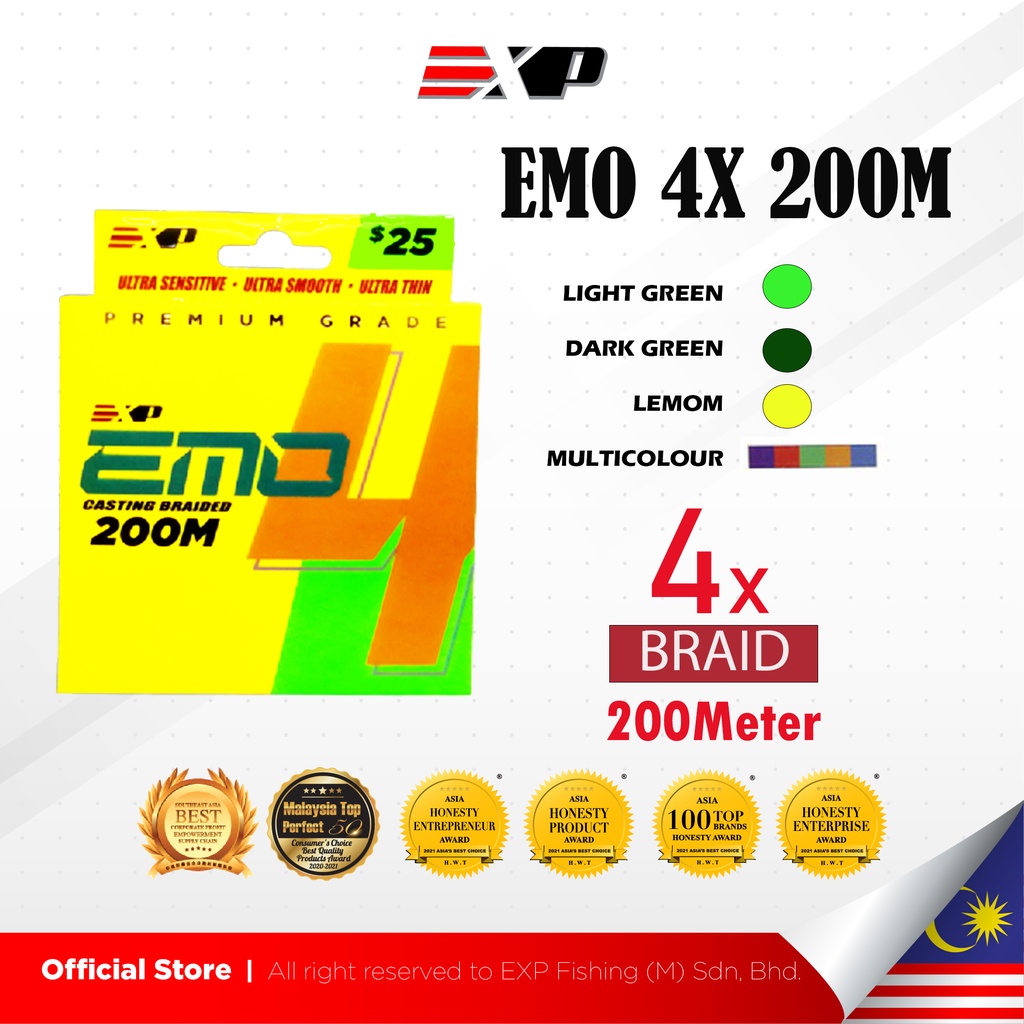 EXP EMO 4X 200m Casting Braided Fishing Line PE Multifilament Durable 4 strand 4 sulam tali pancing benang 4lbs-60lbs