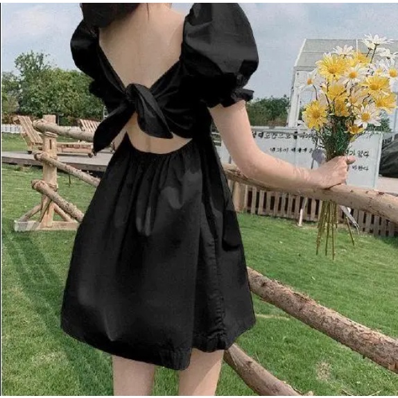 2021 spring pure color fugitive princess French retro puff sleeve bow careful machine waist and slim French temperament backless bow tie dress square neck puff sleeve dress women