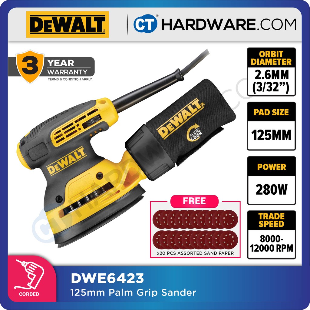DEWALT DWE6423 CORDED RANDOM ORBIT PALM GRIP SANDER 280W 125MM (5