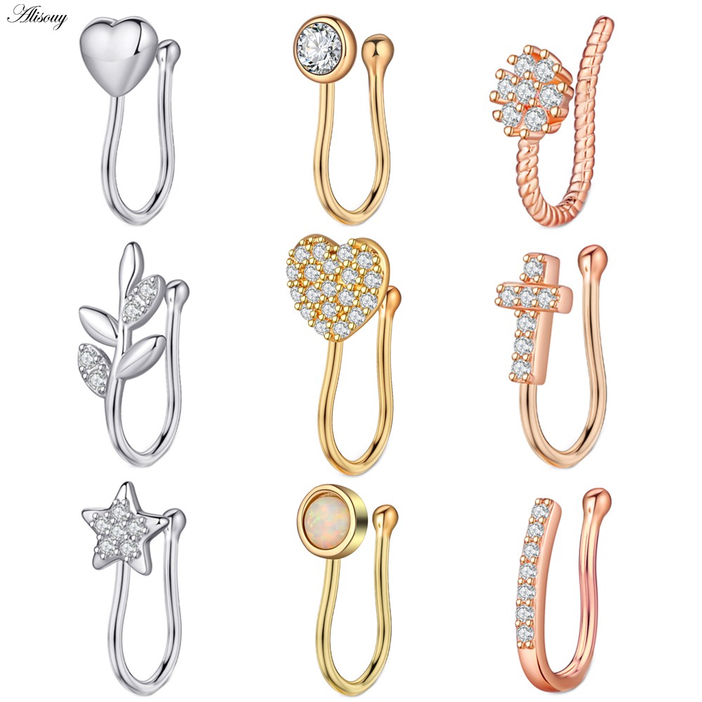 Alisouy 1pc Zirconia Fake Piercing Clip Nose Ring Body Jewelry for Women Ear Cuffs Heart Cross Star Leaf Flowers Clip Nose Rings