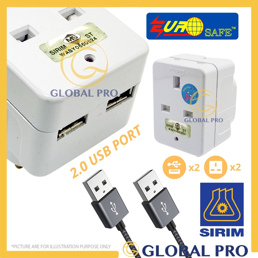 [SIRIM] EUROSAFE 13A 3 Way  2.0A USB Adaptor Light indicator Safety Shutter Surge Protector Extension Plug ES-7033USB