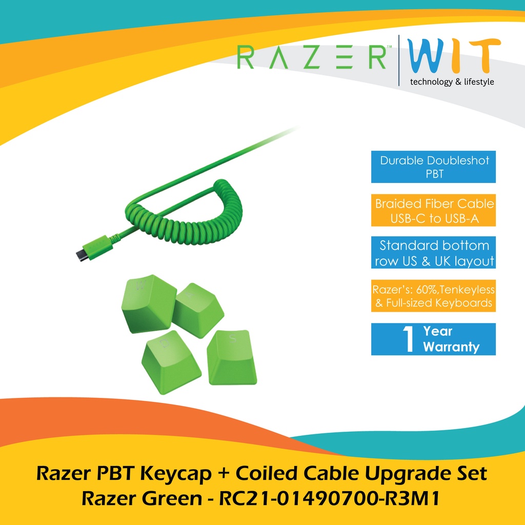 Razer PBT Keycap + Coiled Cable Upgrade Set - Black/Mercury White/Quartz Pink/Razer Green
