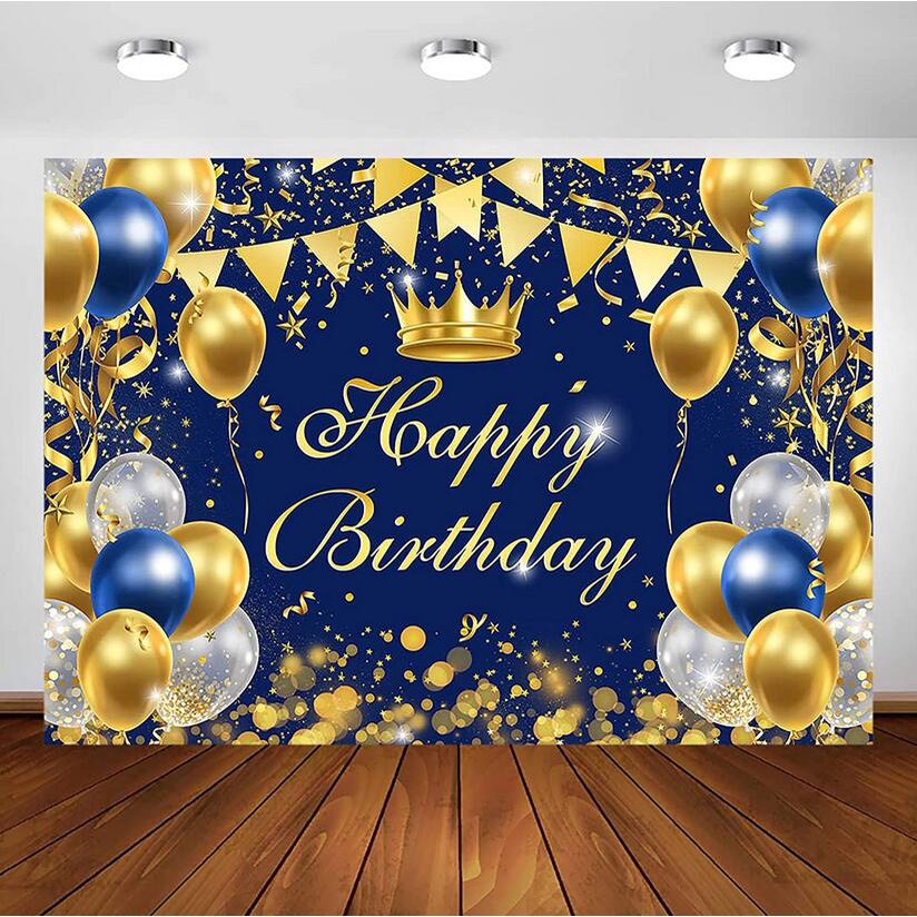 Navy Blue and Gold Happy Birthday Backdrop for Boy Men Prince Royal Blue Gold Party Decorations Royal King Crown Birthday Party Photoshoot Photography Background